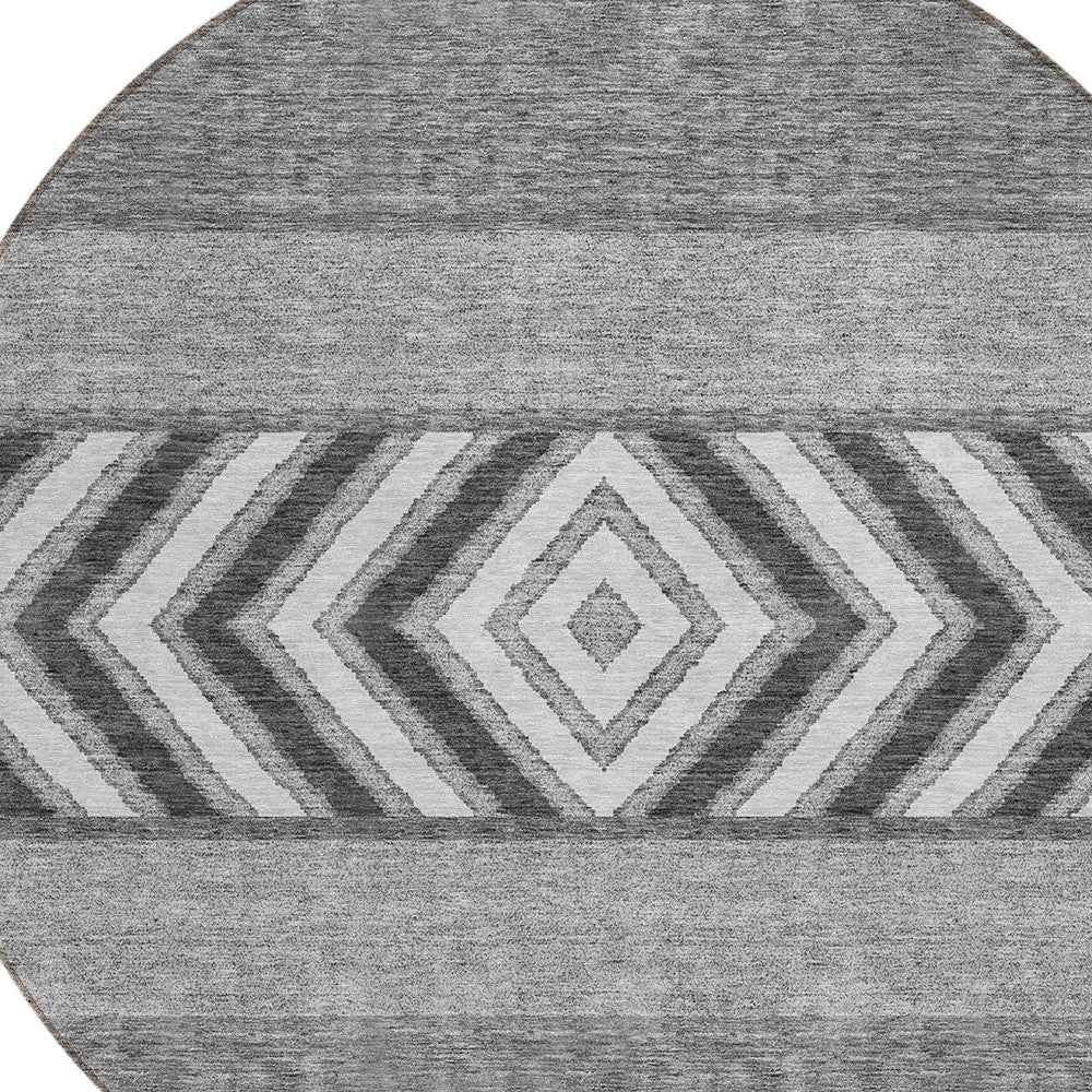 8' Gray Charcoal And Silver Round Southwestern Washable Indoor Outdoor Area Rug