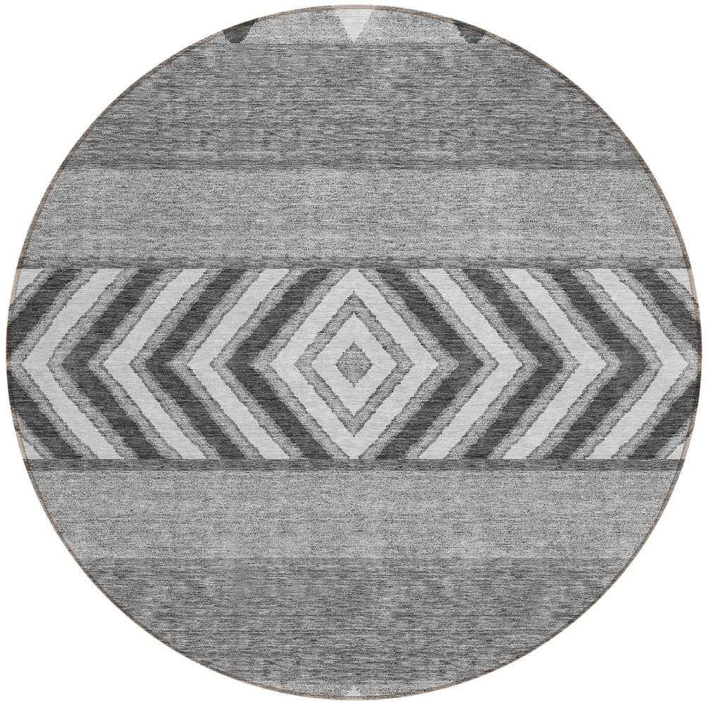 8' Gray Charcoal And Silver Round Southwestern Washable Indoor Outdoor Area Rug
