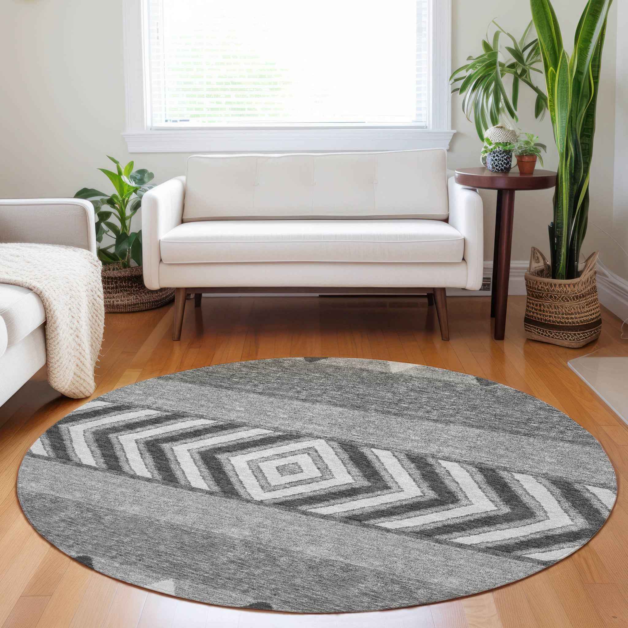 8' Gray Charcoal And Silver Round Southwestern Washable Indoor Outdoor Area Rug