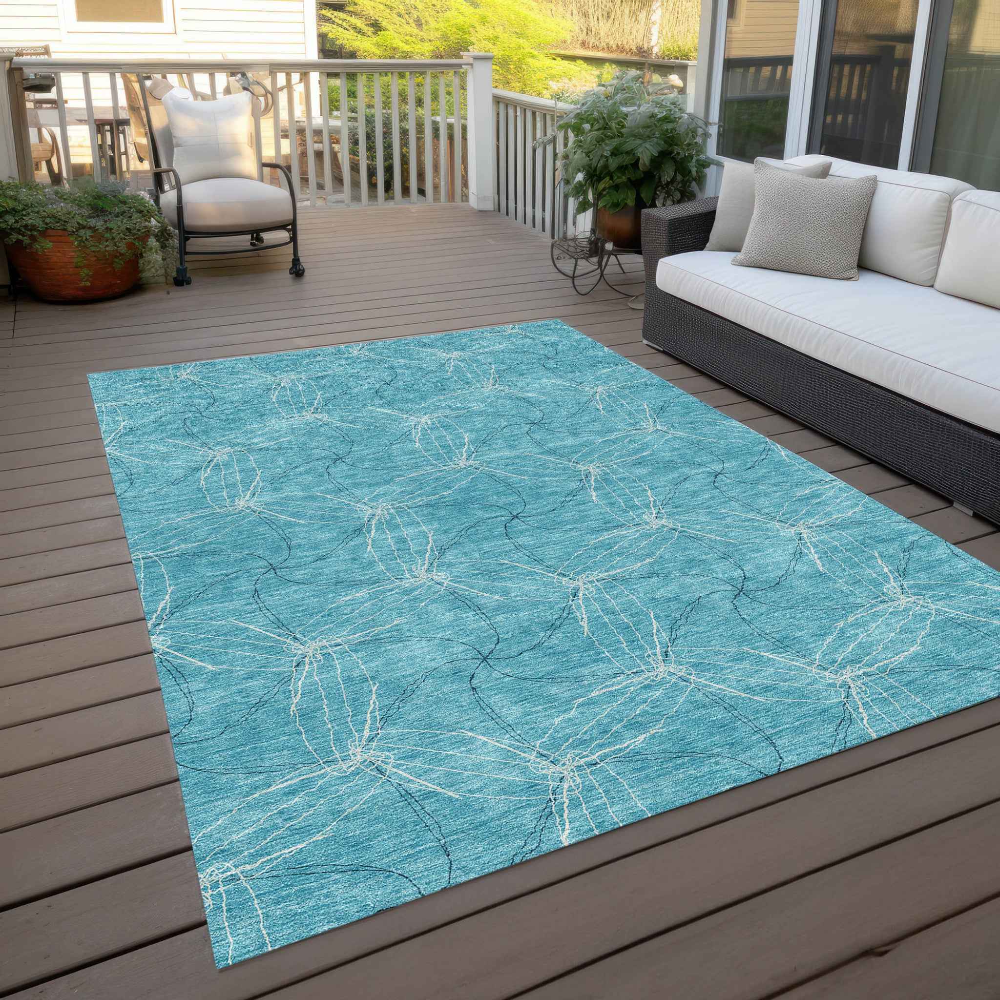 8' X 10' Aqua And Ivory Geometric Washable Indoor Outdoor Area Rug