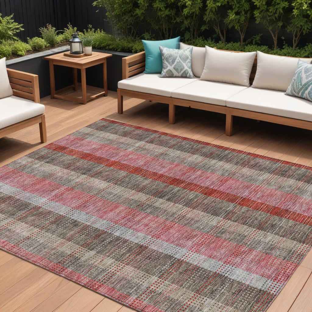 10' X 14' Red Pink And Pewter Plaid Washable Indoor Outdoor Area Rug