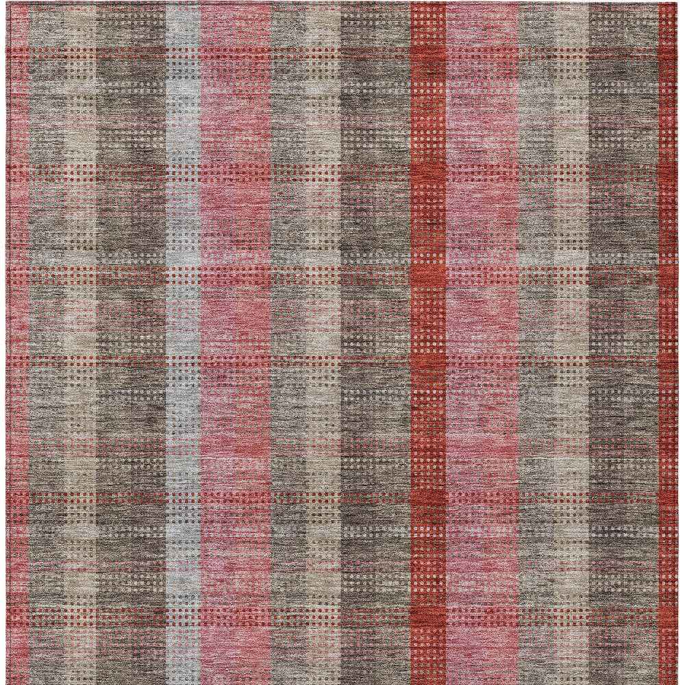 10' X 14' Red Pink And Pewter Plaid Washable Indoor Outdoor Area Rug