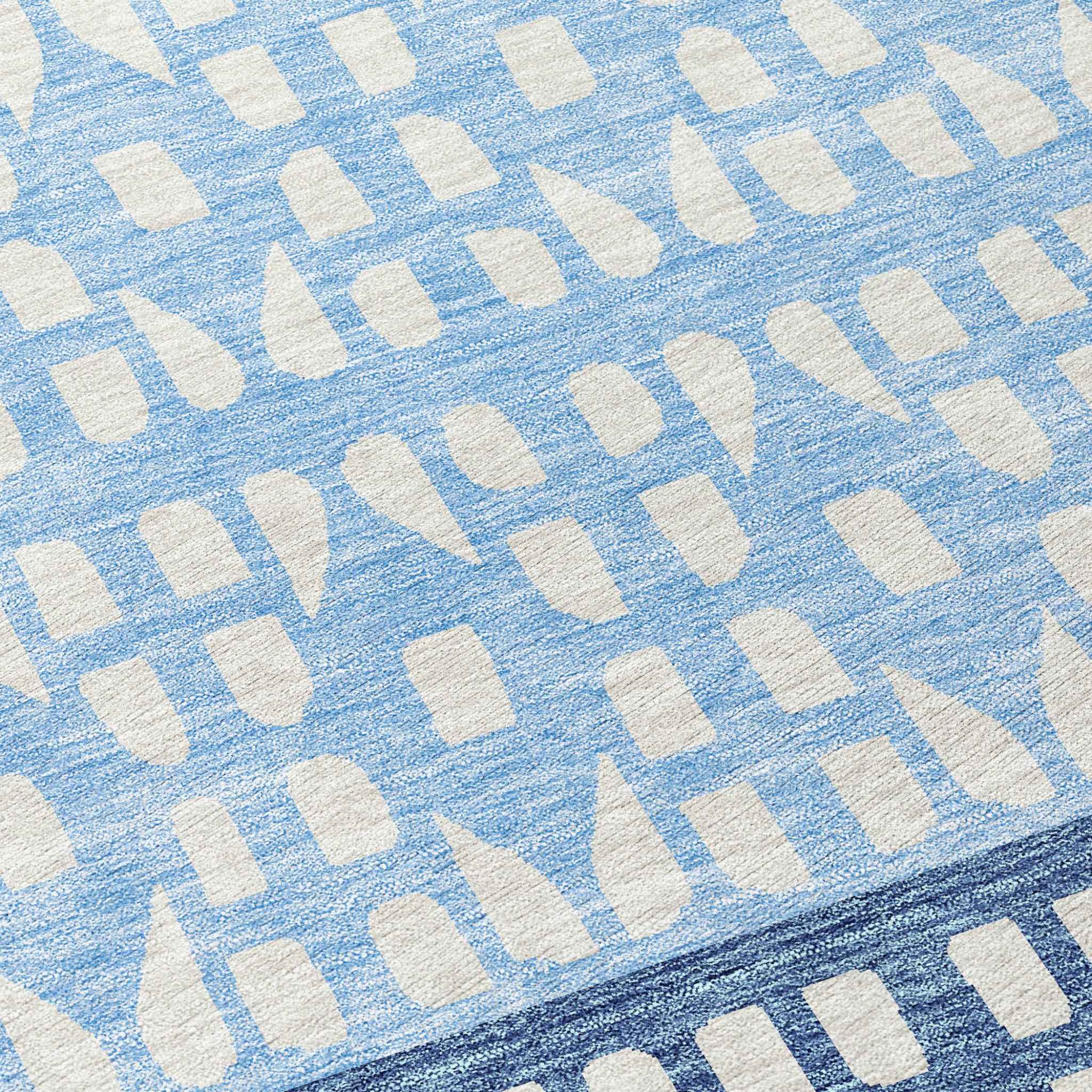 8' Blue Sky Blue And Ivory Round Geometric Washable Indoor Outdoor Area Rug