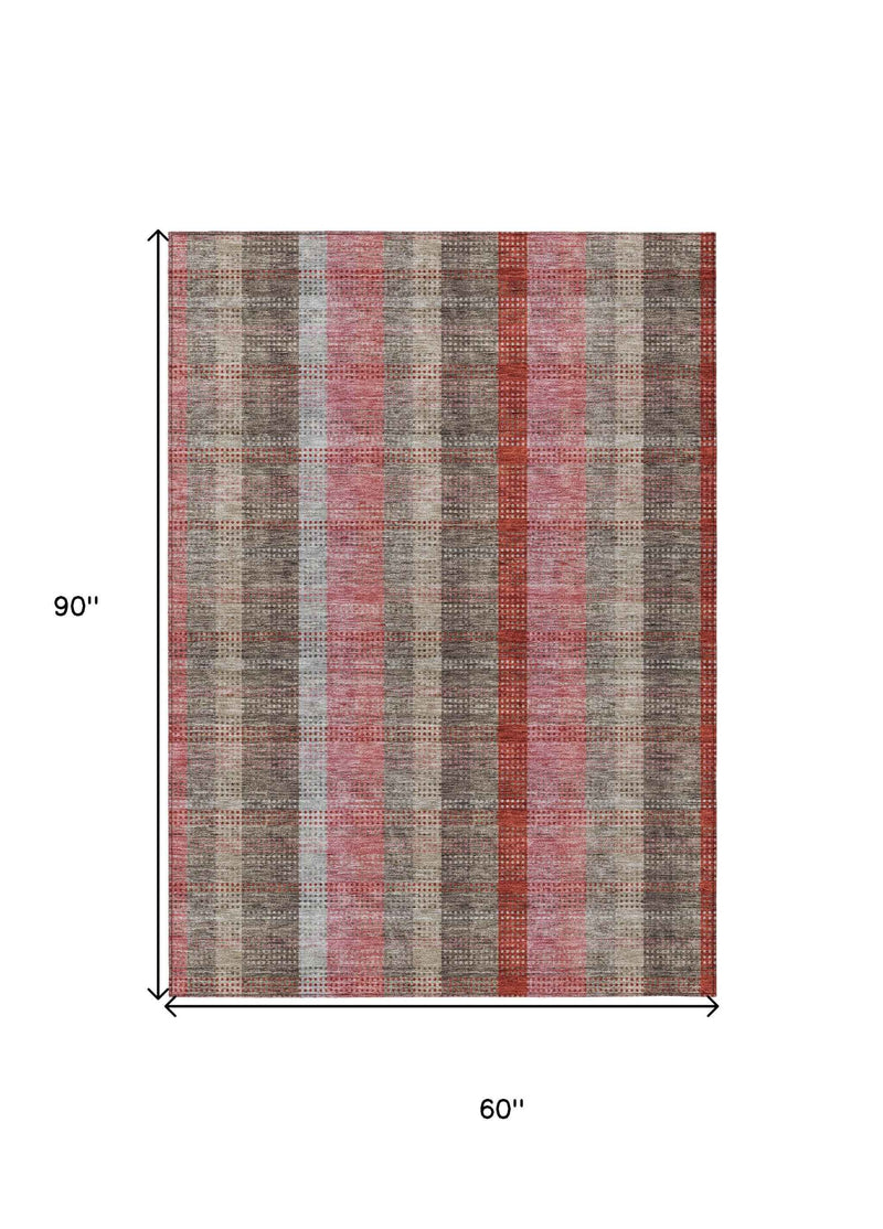 5' X 8' Red Pink And Pewter Plaid Washable Indoor Outdoor Area Rug