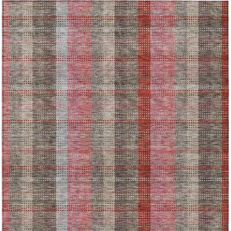 5' X 8' Red Pink And Pewter Plaid Washable Indoor Outdoor Area Rug