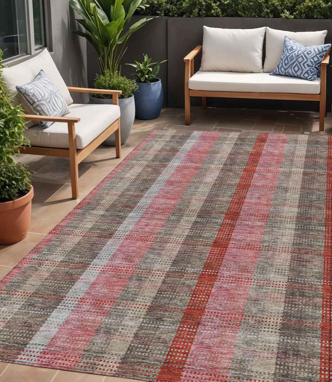 5' X 8' Red Pink And Pewter Plaid Washable Indoor Outdoor Area Rug
