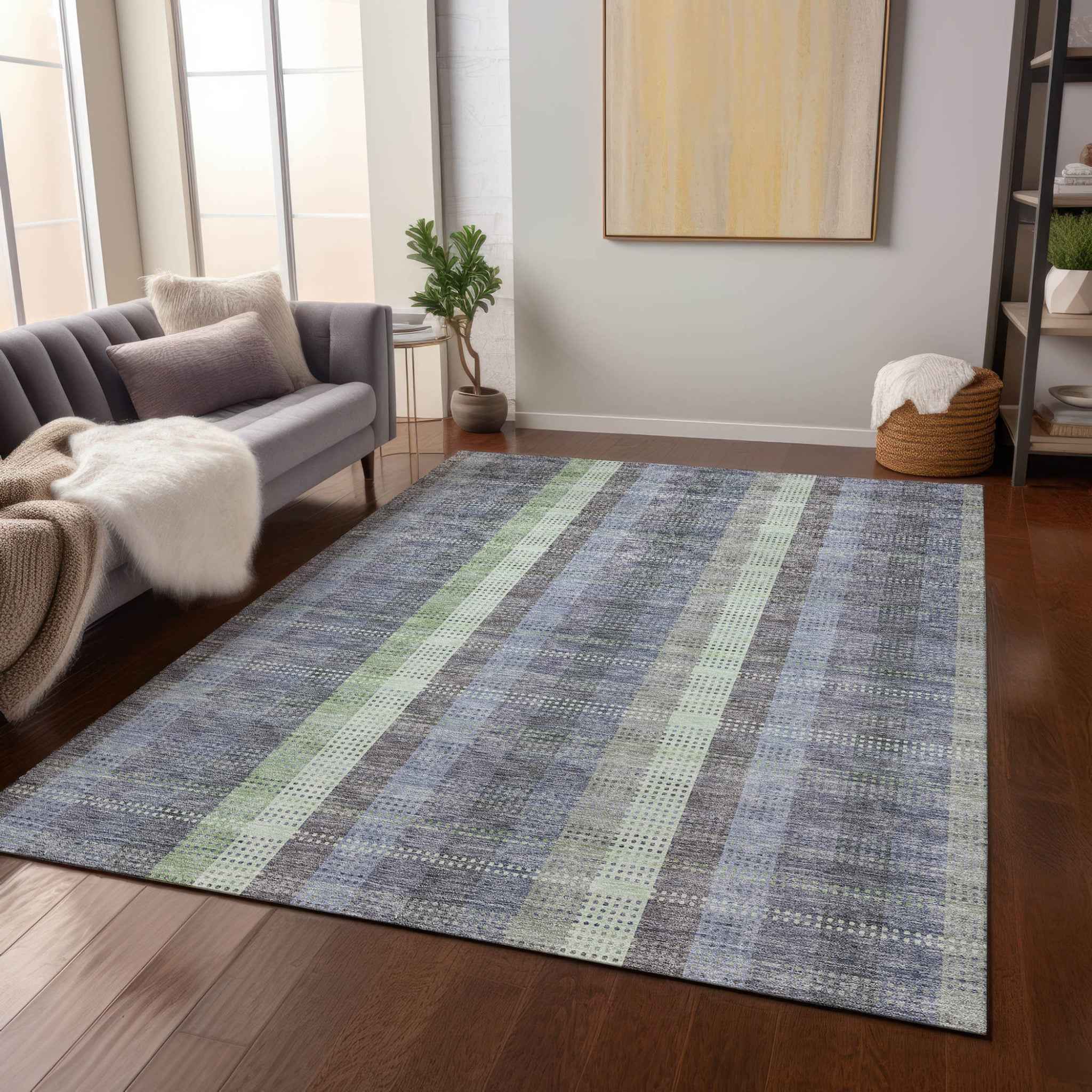 8' X 10' Pewter Gray And Mint Green Plaid Washable Indoor Outdoor Area Rug