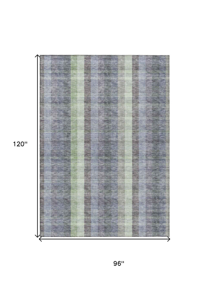 8' X 10' Pewter Gray And Mint Green Plaid Washable Indoor Outdoor Area Rug
