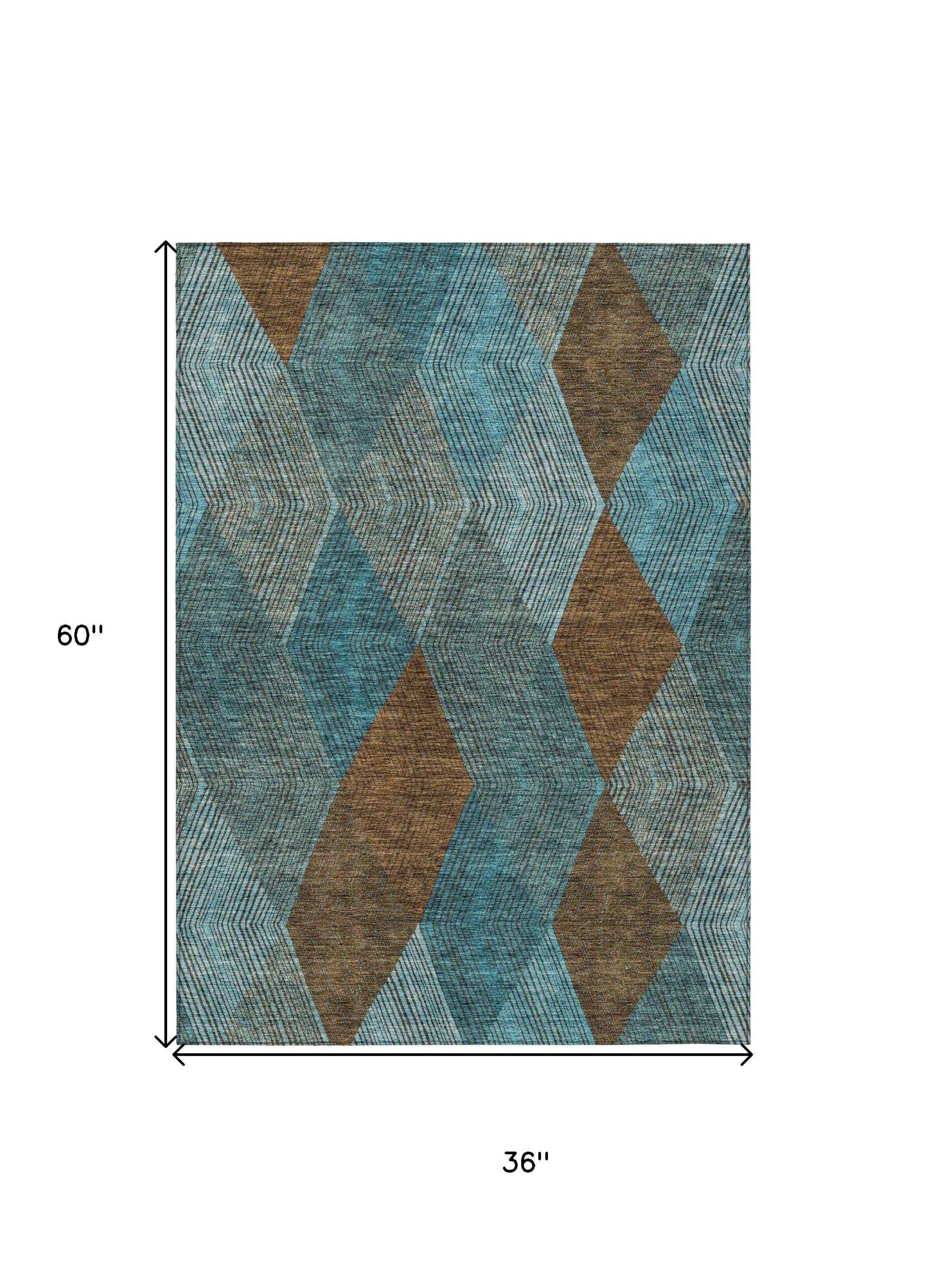 3' X 5' Teal Blue Aqua And Brown Argyle Washable Indoor Outdoor Area Rug