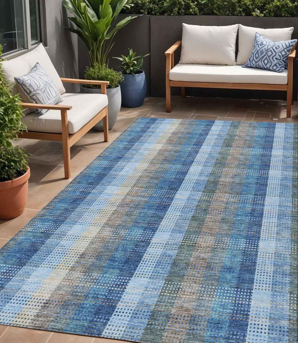 5' X 8' Denim Blue Sky Blue And Beige Plaid Washable Indoor Outdoor Area Rug