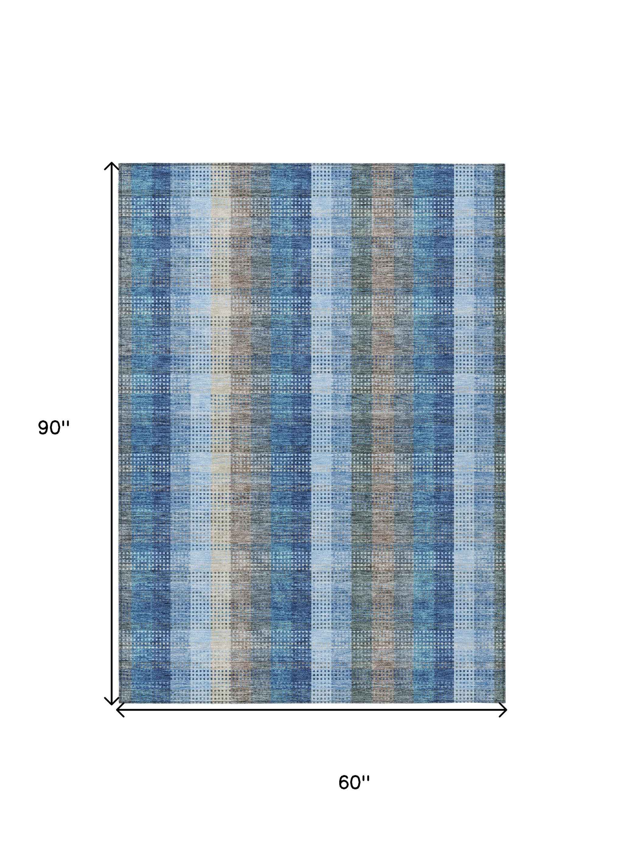 5' X 8' Denim Blue Sky Blue And Beige Plaid Washable Indoor Outdoor Area Rug