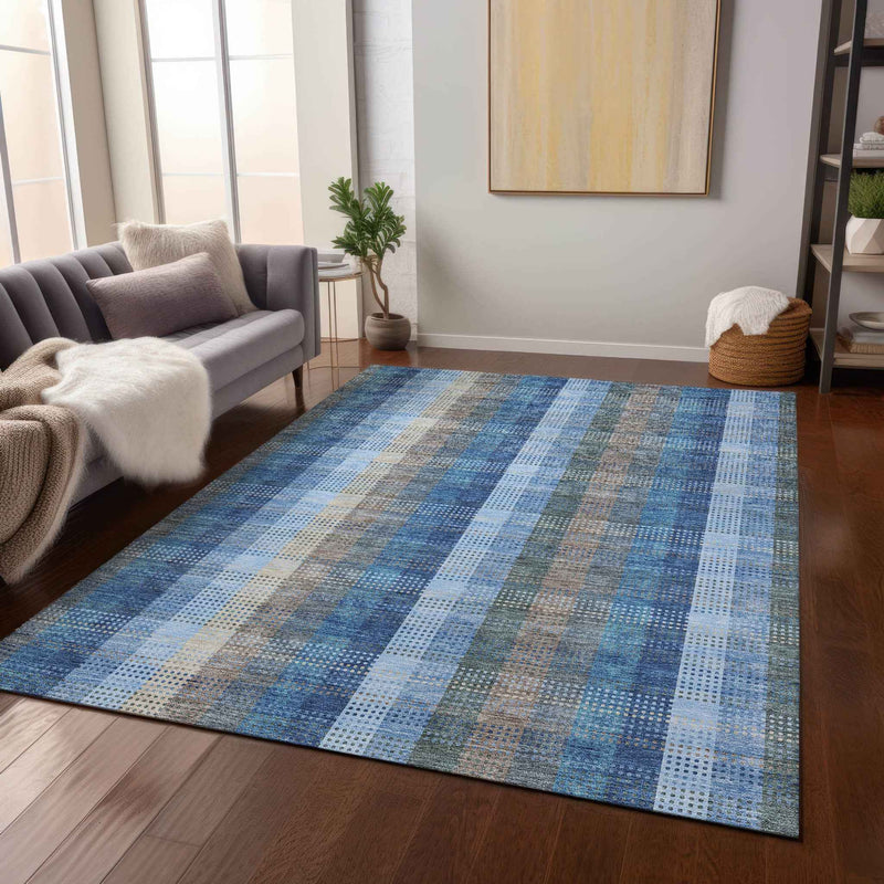 5' X 8' Denim Blue Sky Blue And Beige Plaid Washable Indoor Outdoor Area Rug