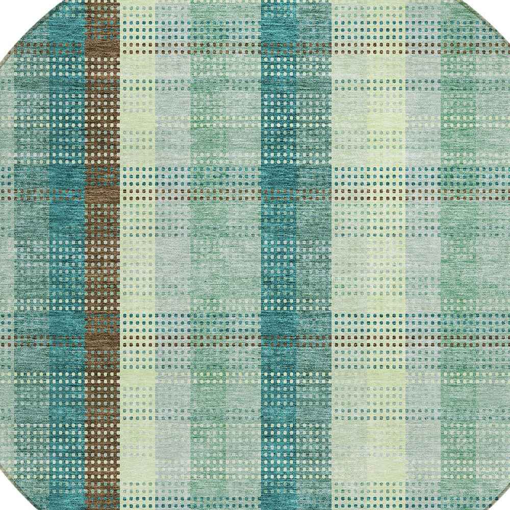 8' Sage Mint Green And Teal Blue Round Plaid Washable Indoor Outdoor Area Rug
