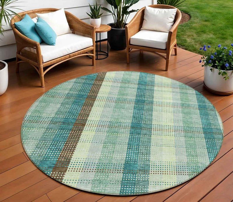 8' Sage Mint Green And Teal Blue Round Plaid Washable Indoor Outdoor Area Rug
