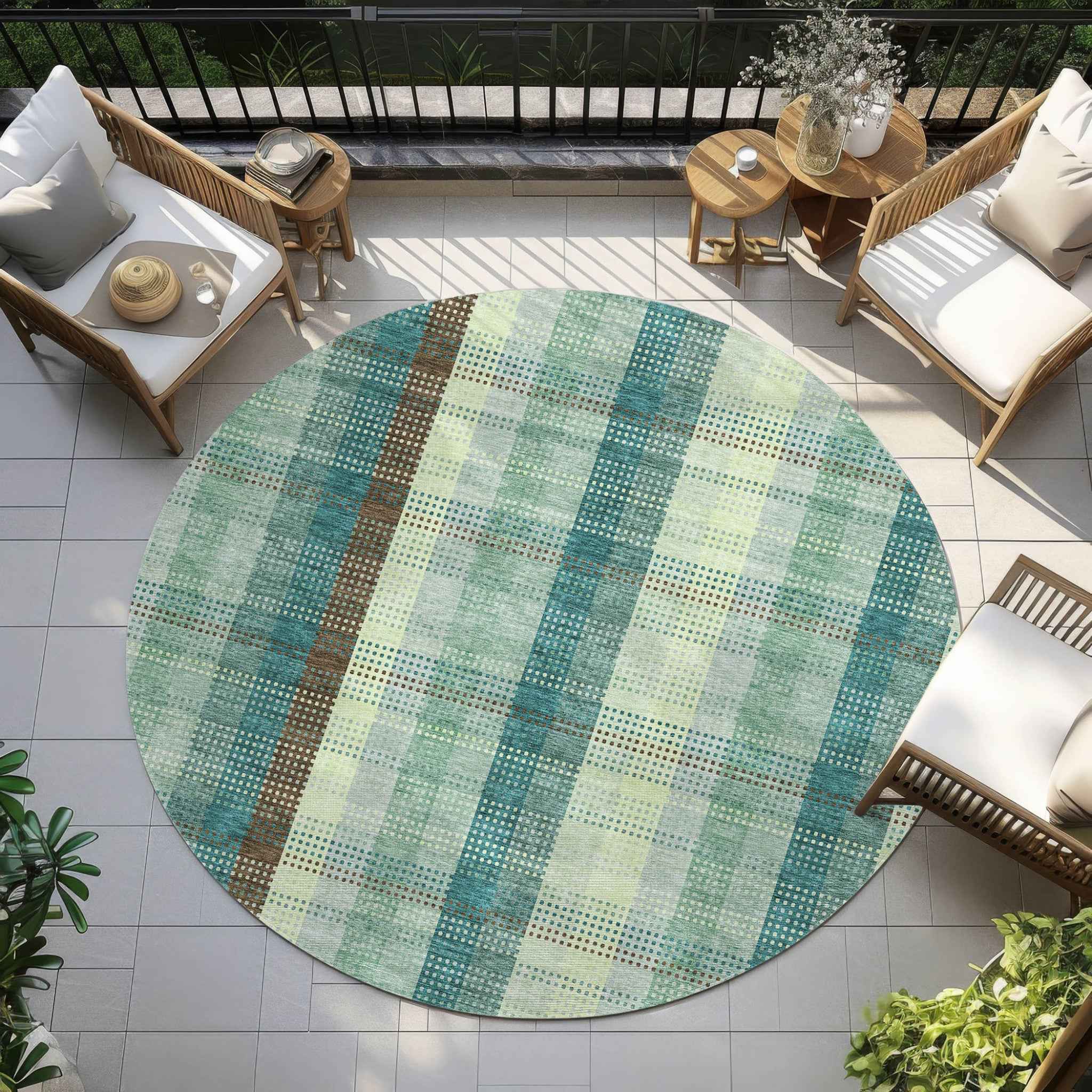 8' Sage Mint Green And Teal Blue Round Plaid Washable Indoor Outdoor Area Rug