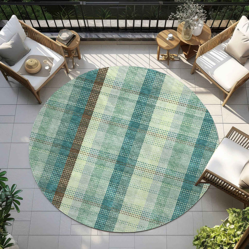 8' Sage Mint Green And Teal Blue Round Plaid Washable Indoor Outdoor Area Rug
