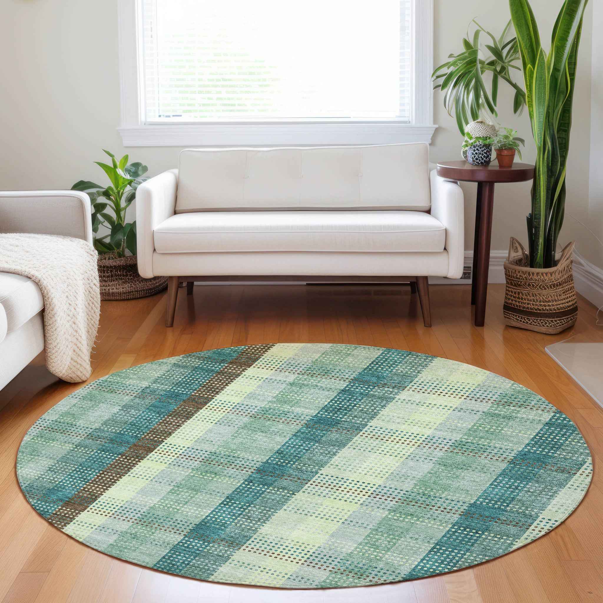 8' Sage Mint Green And Teal Blue Round Plaid Washable Indoor Outdoor Area Rug