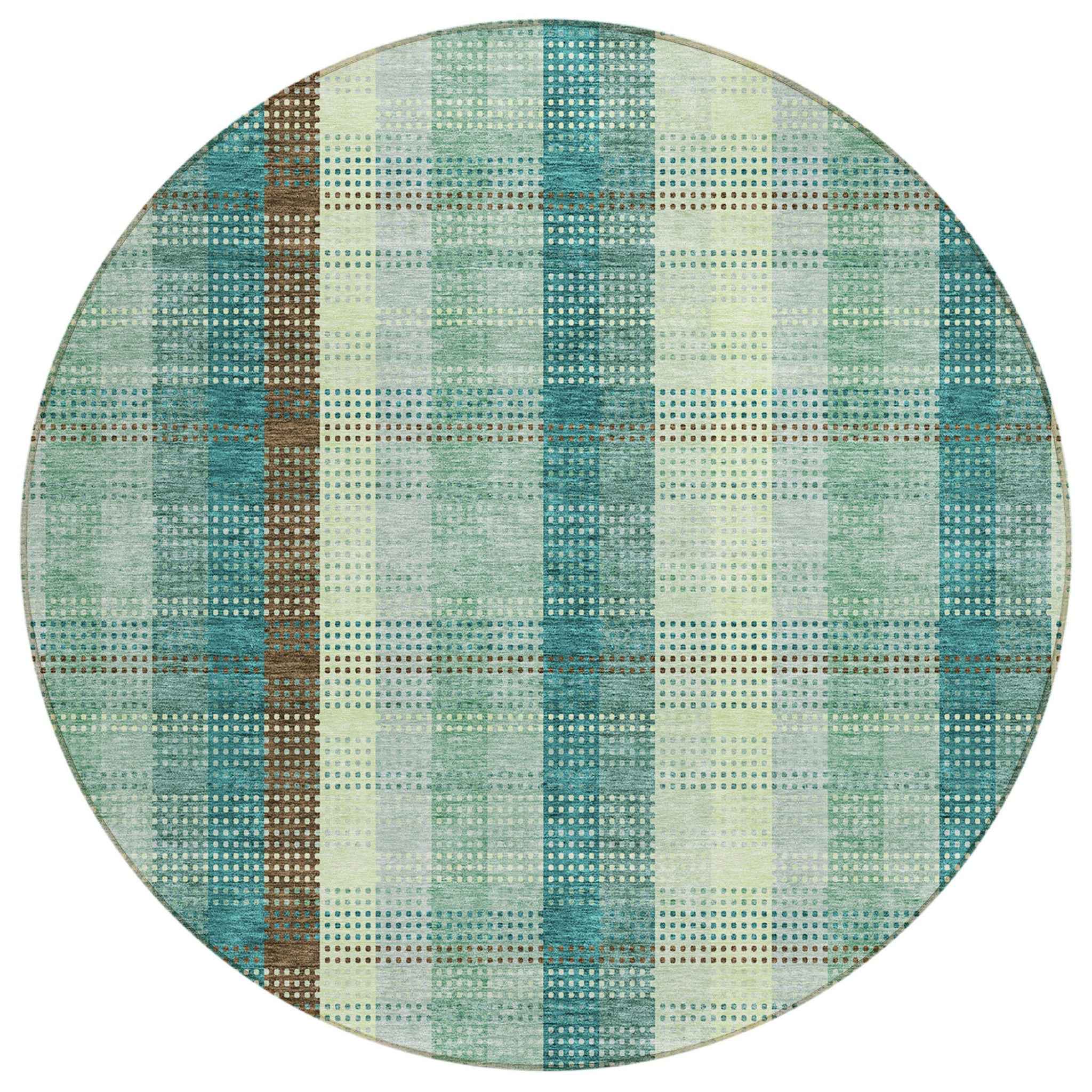 8' Sage Mint Green And Teal Blue Round Plaid Washable Indoor Outdoor Area Rug