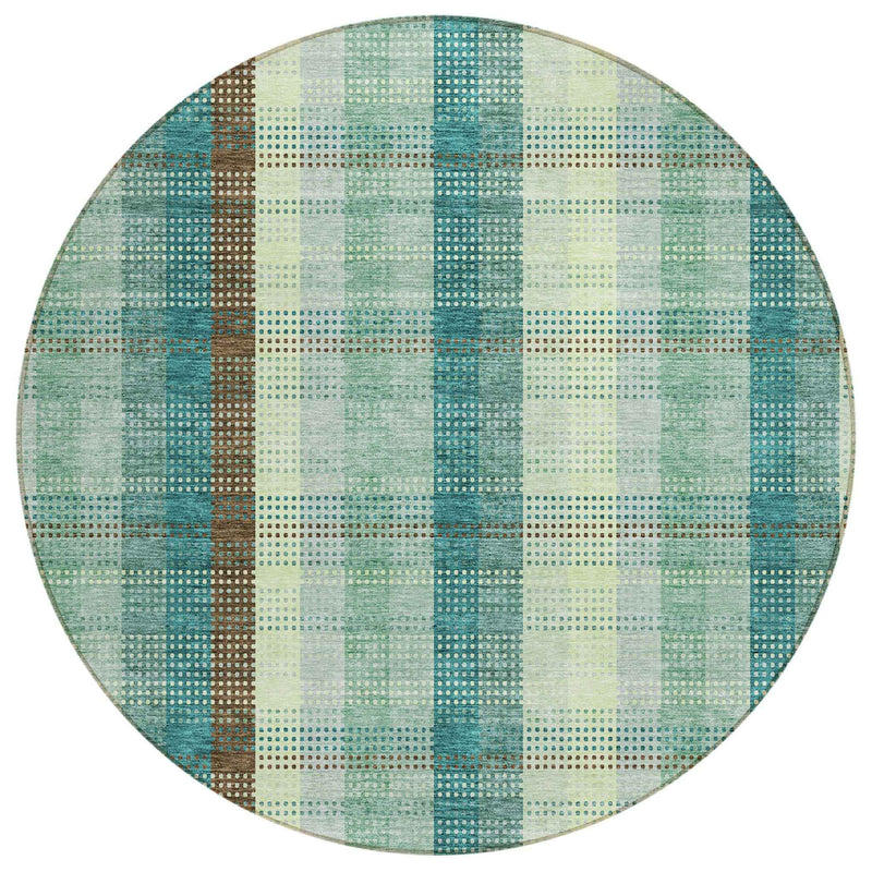 8' Sage Mint Green And Teal Blue Round Plaid Washable Indoor Outdoor Area Rug