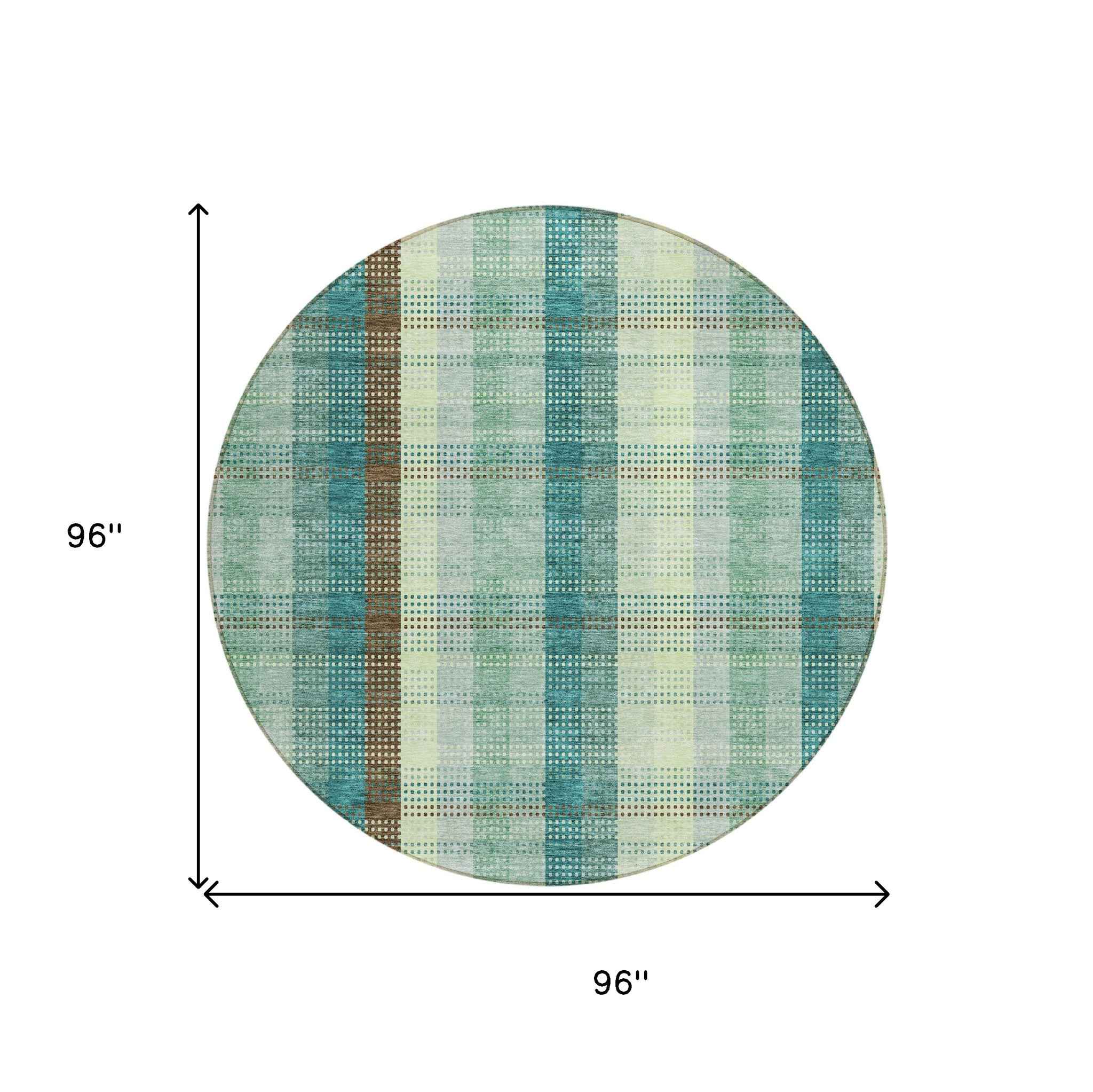 8' Sage Mint Green And Teal Blue Round Plaid Washable Indoor Outdoor Area Rug