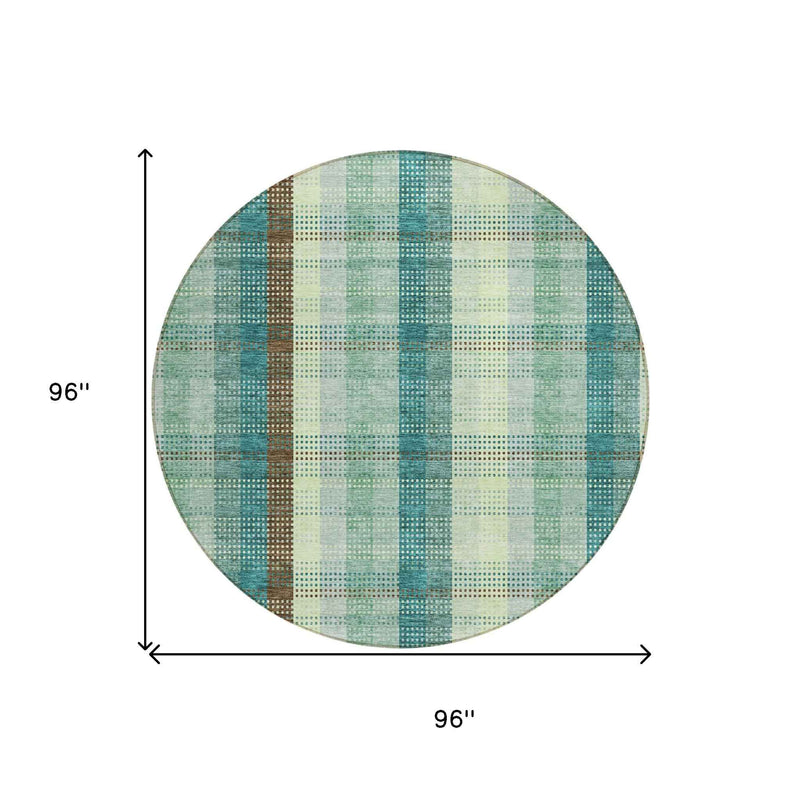 8' Sage Mint Green And Teal Blue Round Plaid Washable Indoor Outdoor Area Rug