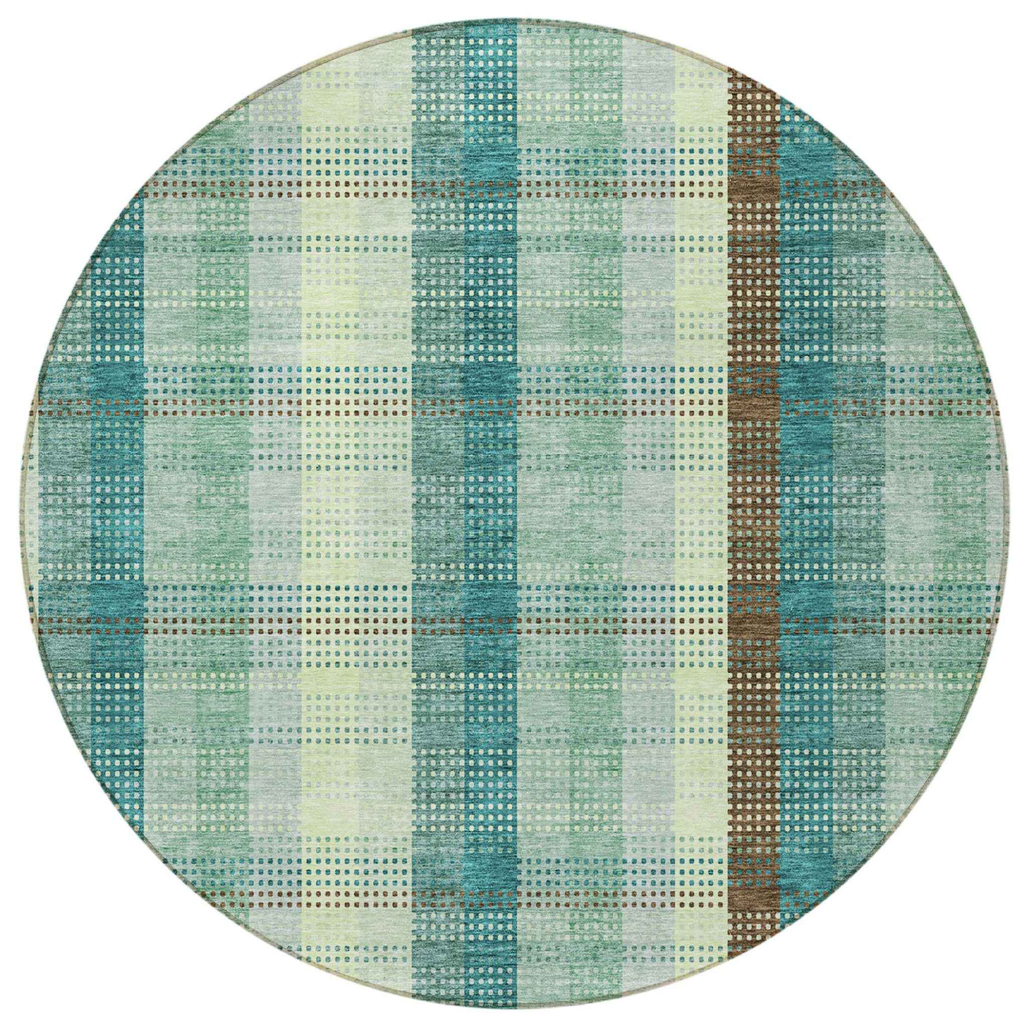 8' Sage Mint Green And Teal Blue Round Plaid Washable Indoor Outdoor Area Rug