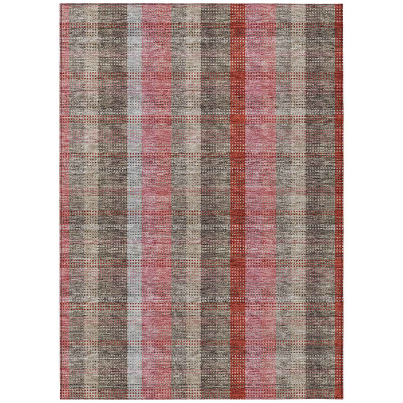 9' X 12' Red Pink And Pewter Plaid Washable Indoor Outdoor Area Rug