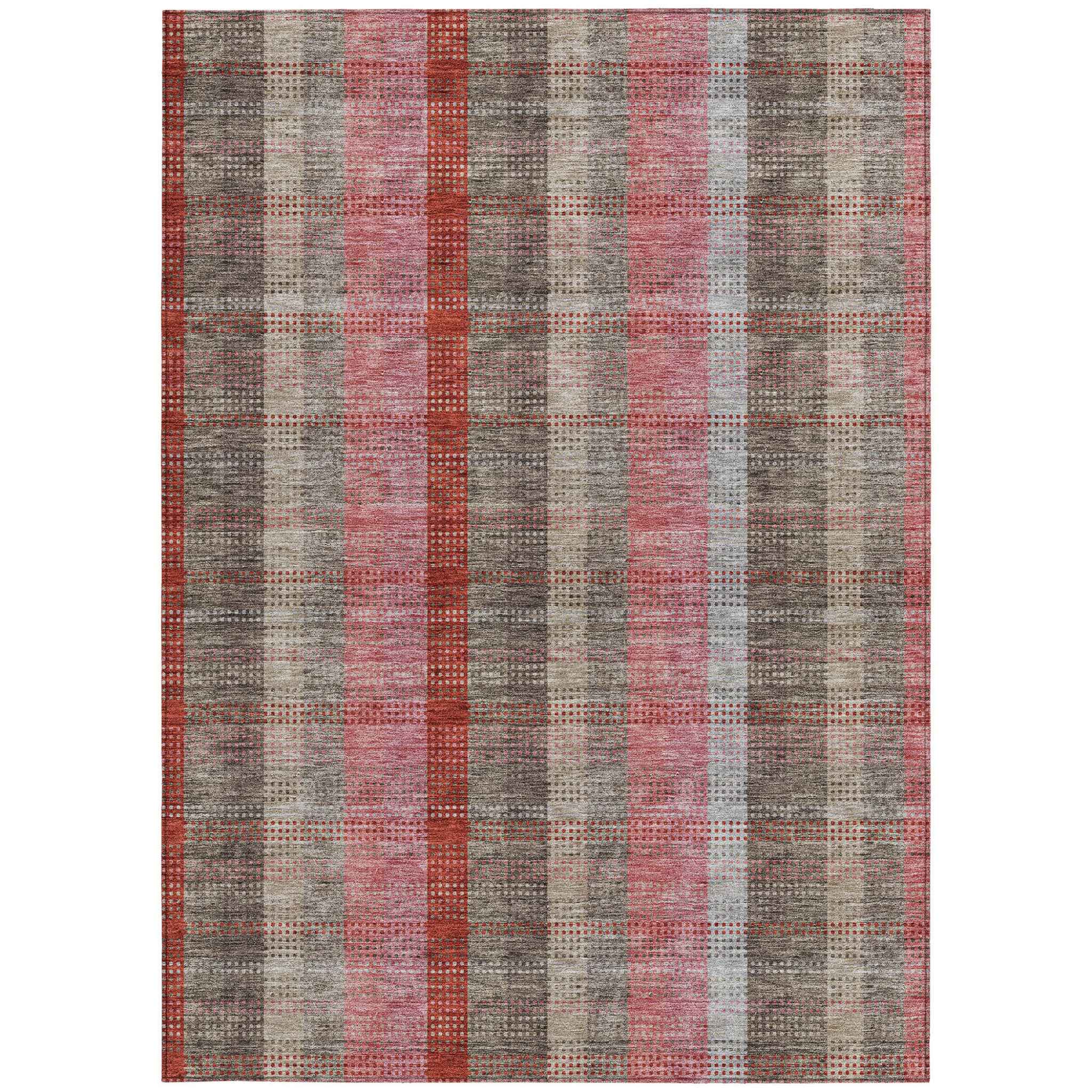 9' X 12' Red Pink And Pewter Plaid Washable Indoor Outdoor Area Rug