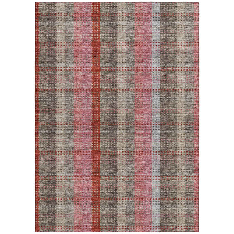 9' X 12' Red Pink And Pewter Plaid Washable Indoor Outdoor Area Rug