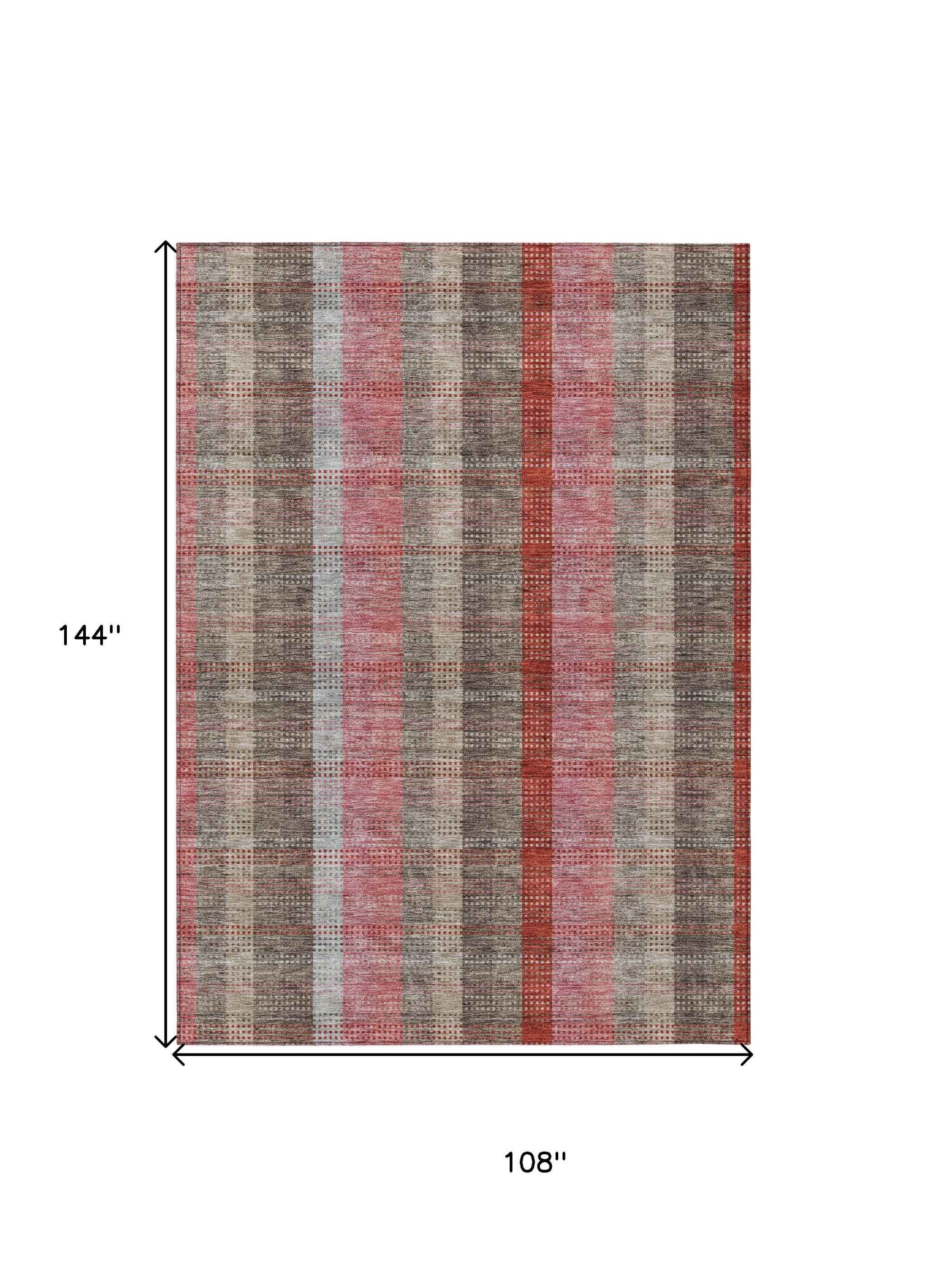 9' X 12' Red Pink And Pewter Plaid Washable Indoor Outdoor Area Rug