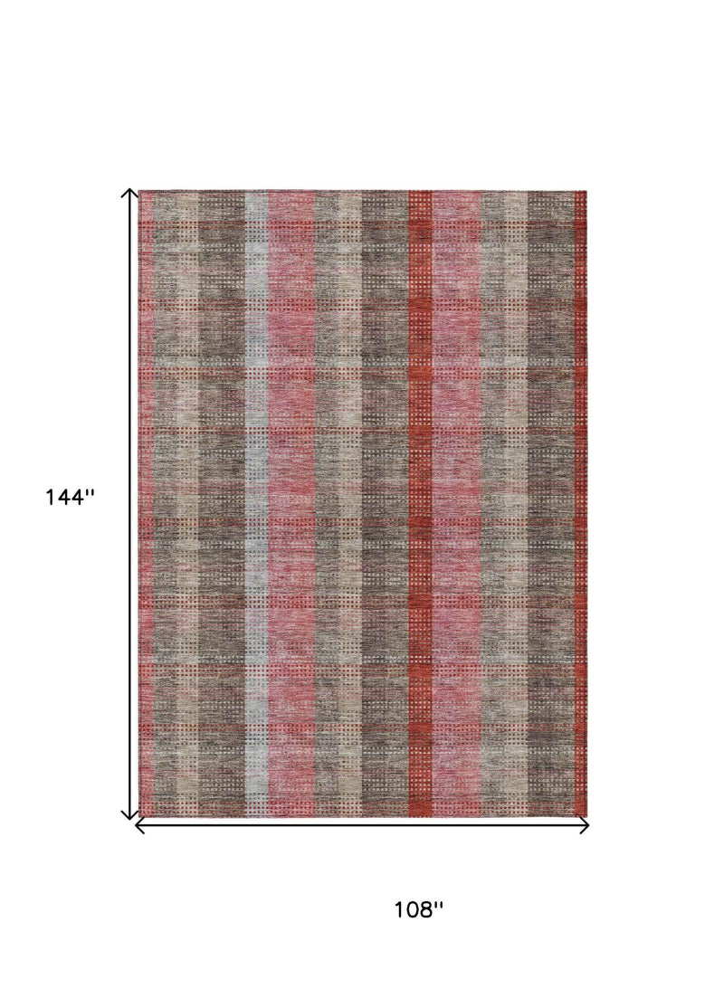 9' X 12' Red Pink And Pewter Plaid Washable Indoor Outdoor Area Rug