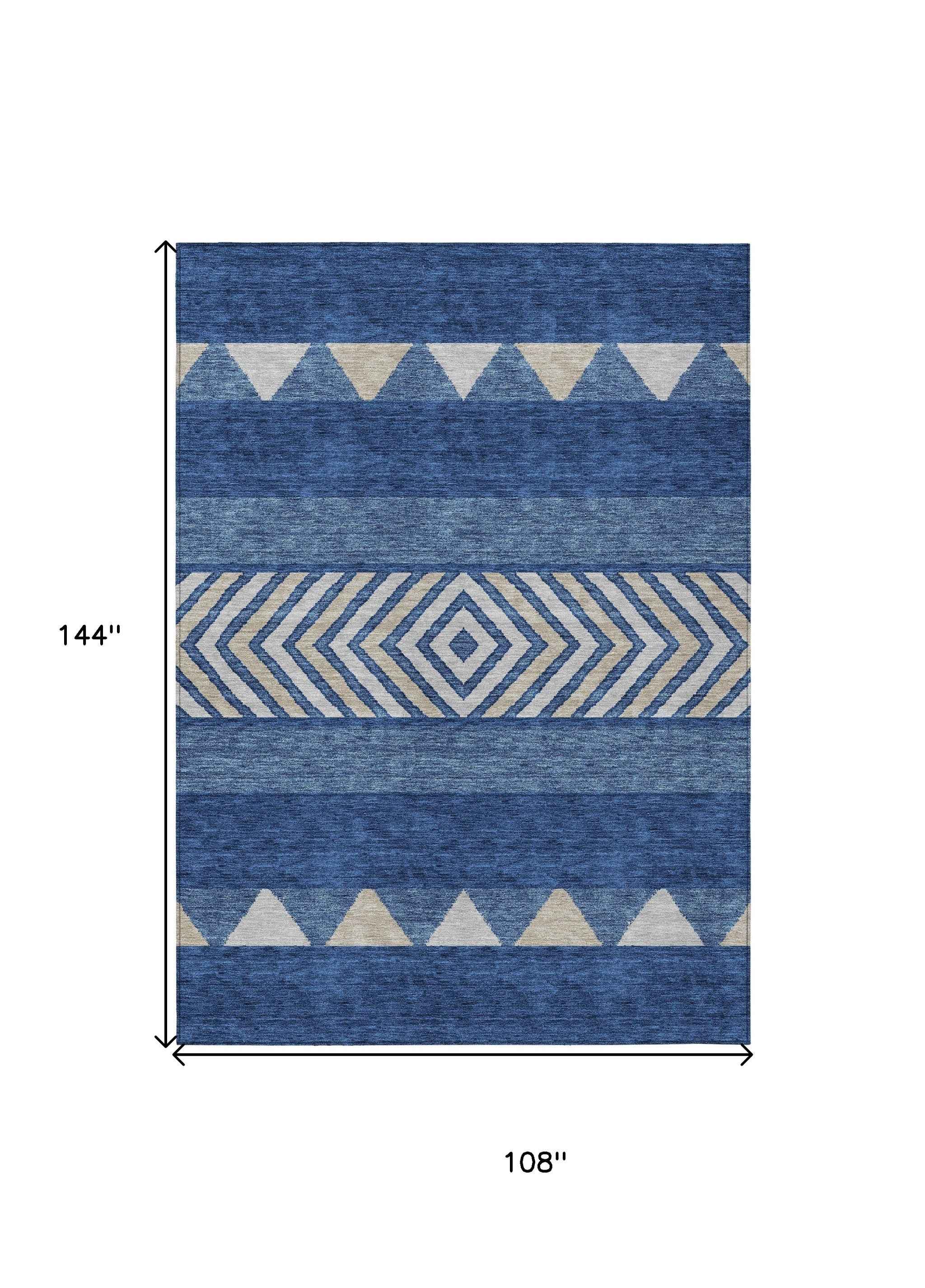 9' X 12' Navy Blue Ivory And Beige Southwestern Washable Indoor Outdoor Area Rug