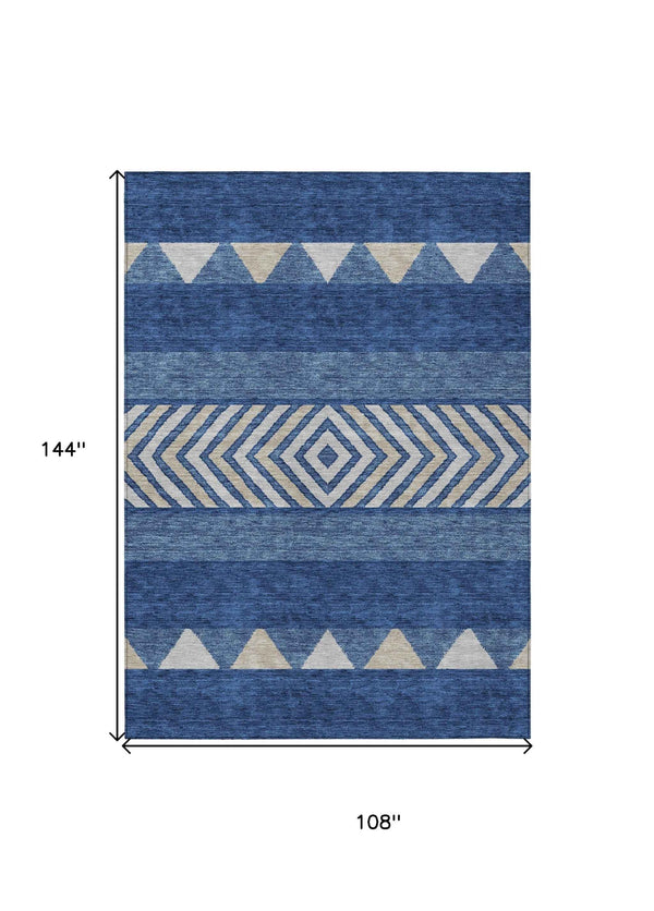 9' X 12' Navy Blue Ivory And Beige Southwestern Washable Indoor Outdoor Area Rug