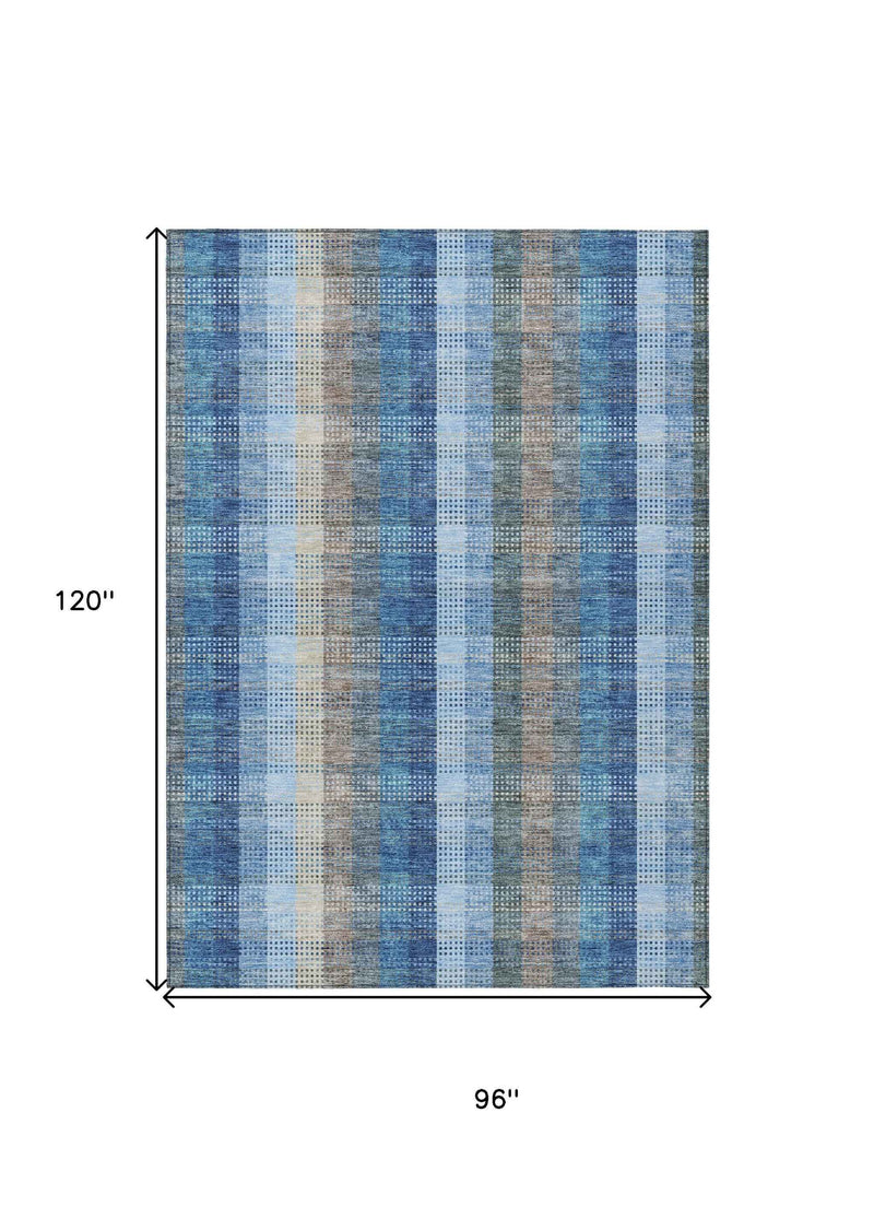 8' X 10' Denim Blue Sky Blue And Beige Plaid Washable Indoor Outdoor Area Rug