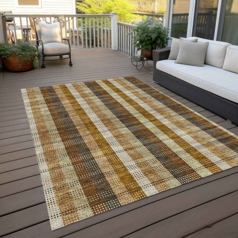 10' X 14' Wheat Ivory And Brown Plaid Washable Indoor Outdoor Area Rug