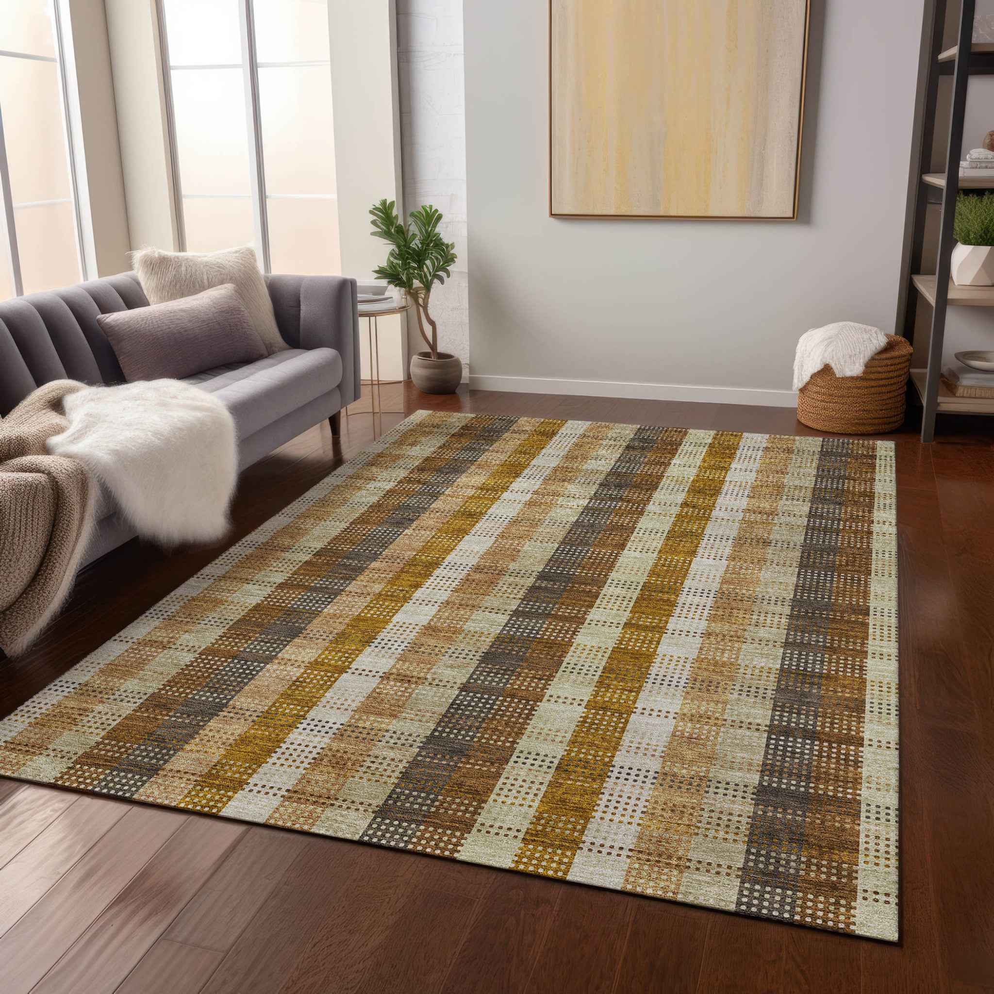 10' X 14' Wheat Ivory And Brown Plaid Washable Indoor Outdoor Area Rug