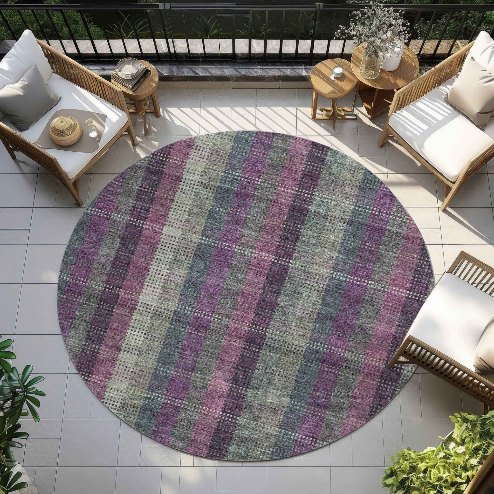 8' Plum Eggplant And Gray Round Plaid Washable Indoor Outdoor Area Rug