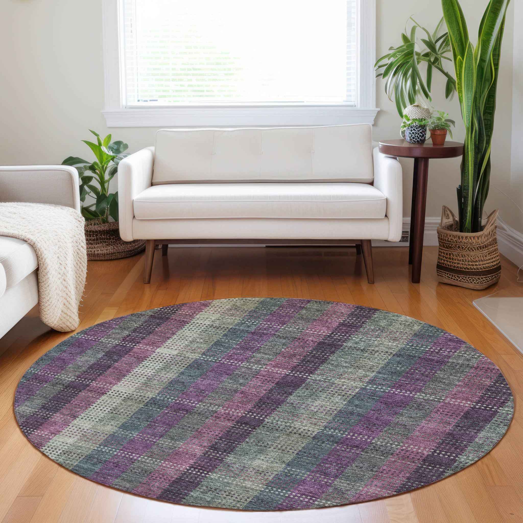8' Plum Eggplant And Gray Round Plaid Washable Indoor Outdoor Area Rug