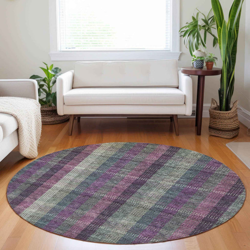 8' Plum Eggplant And Gray Round Plaid Washable Indoor Outdoor Area Rug