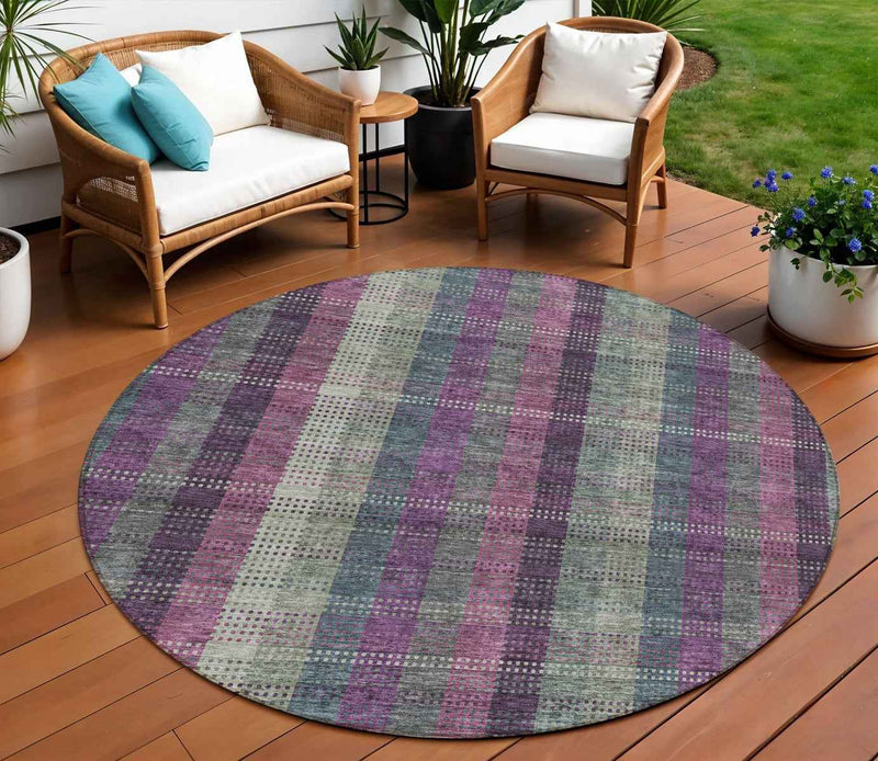 8' Plum Eggplant And Gray Round Plaid Washable Indoor Outdoor Area Rug