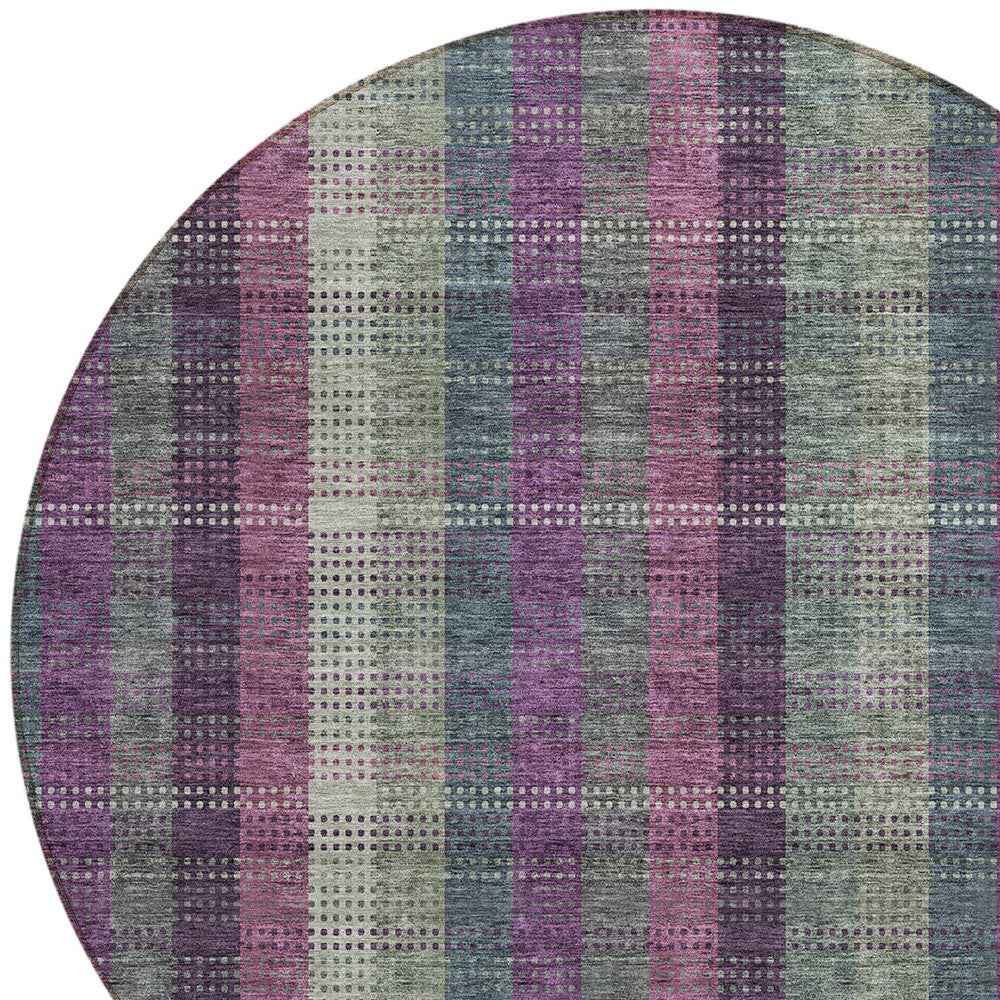 8' Plum Eggplant And Gray Round Plaid Washable Indoor Outdoor Area Rug