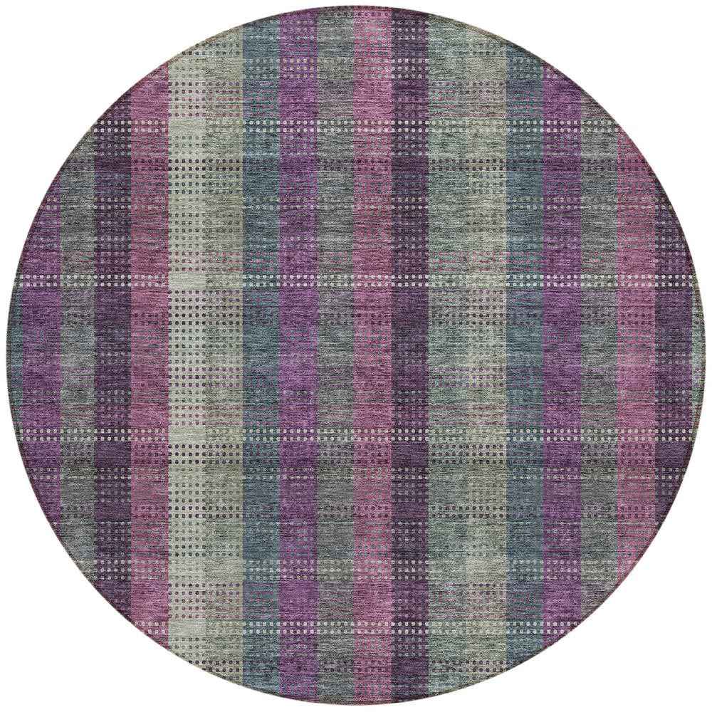 8' Plum Eggplant And Gray Round Plaid Washable Indoor Outdoor Area Rug