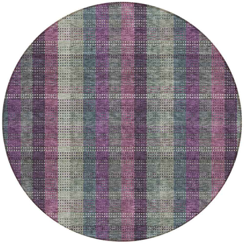8' Plum Eggplant And Gray Round Plaid Washable Indoor Outdoor Area Rug
