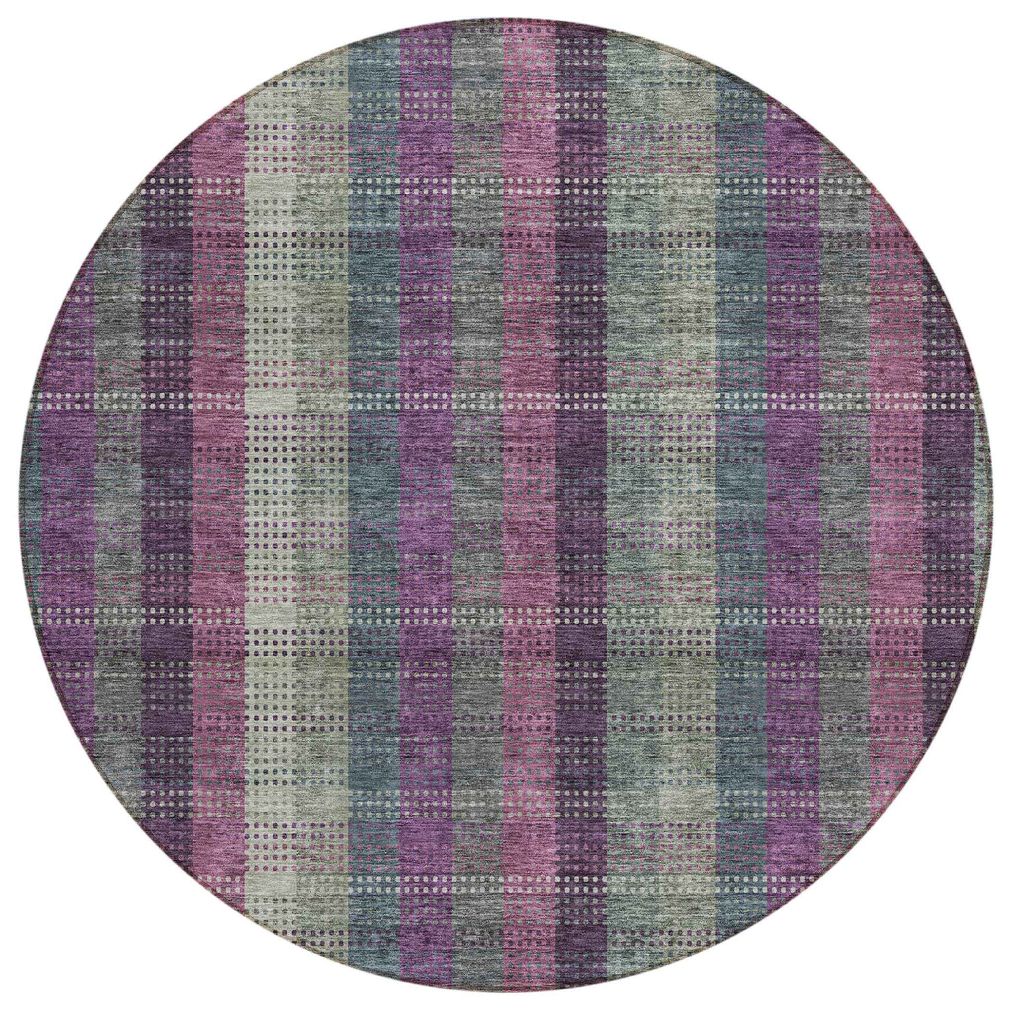 8' Plum Eggplant And Gray Round Plaid Washable Indoor Outdoor Area Rug