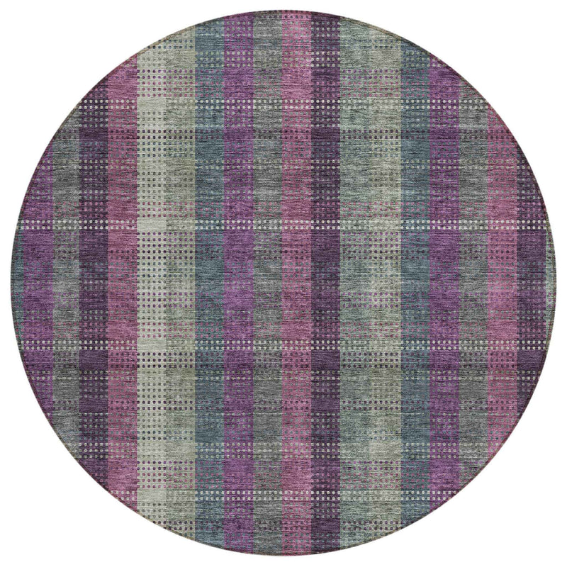 8' Plum Eggplant And Gray Round Plaid Washable Indoor Outdoor Area Rug