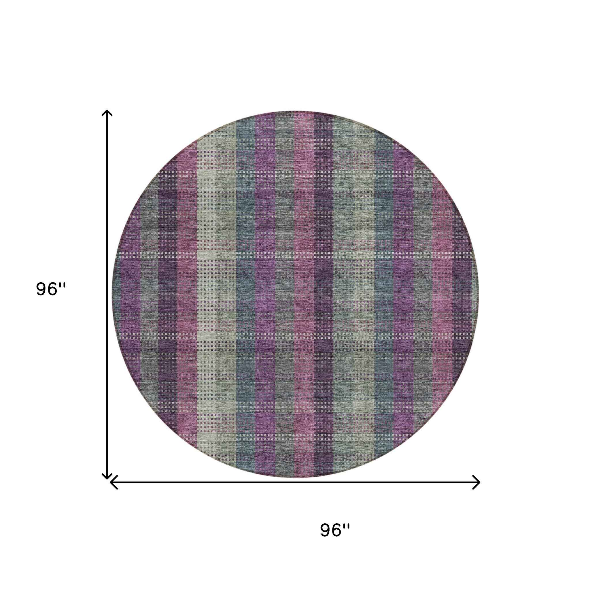 8' Plum Eggplant And Gray Round Plaid Washable Indoor Outdoor Area Rug