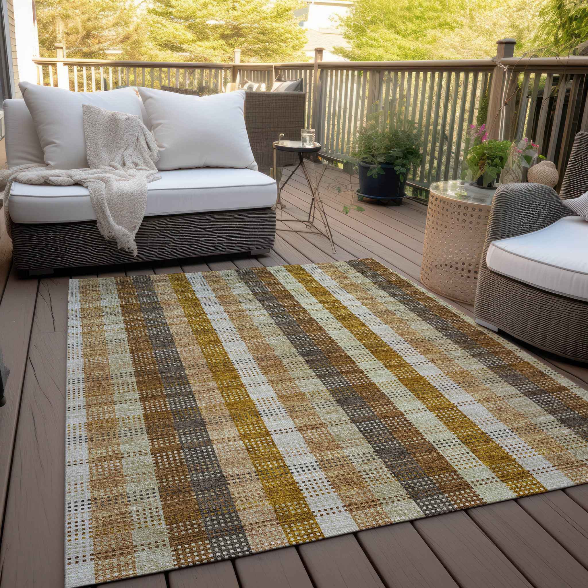 3' X 5' Wheat Ivory And Brown Plaid Washable Indoor Outdoor Area Rug