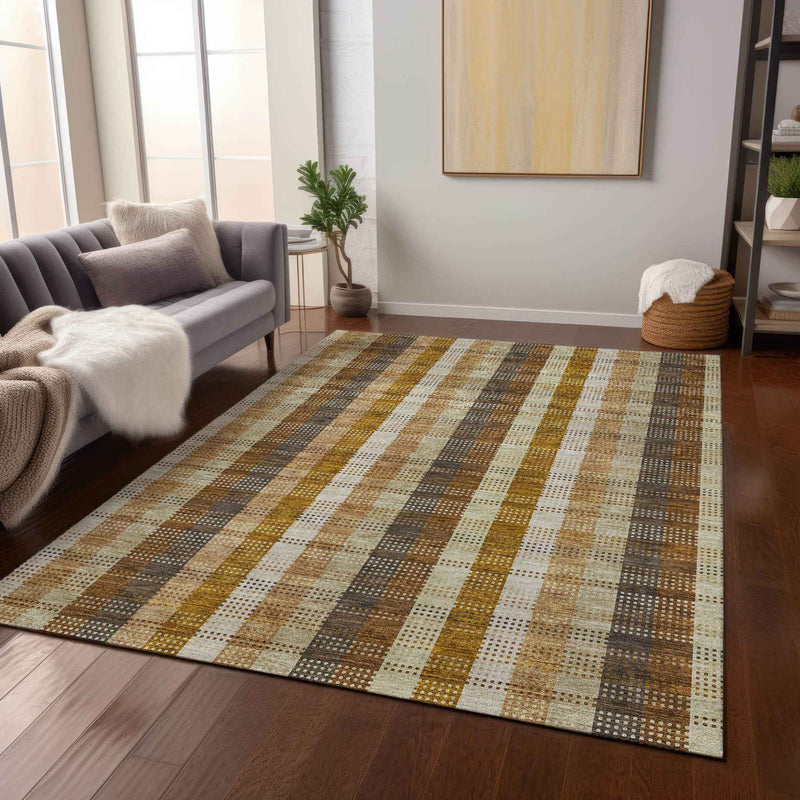 3' X 5' Wheat Ivory And Brown Plaid Washable Indoor Outdoor Area Rug