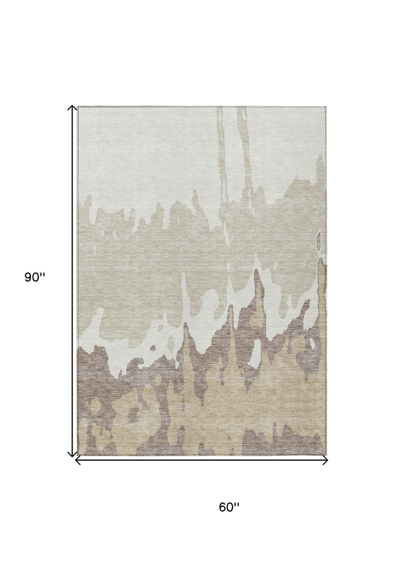 5' X 8' Ivory And Beige Abstract Washable Indoor Outdoor Area Rug