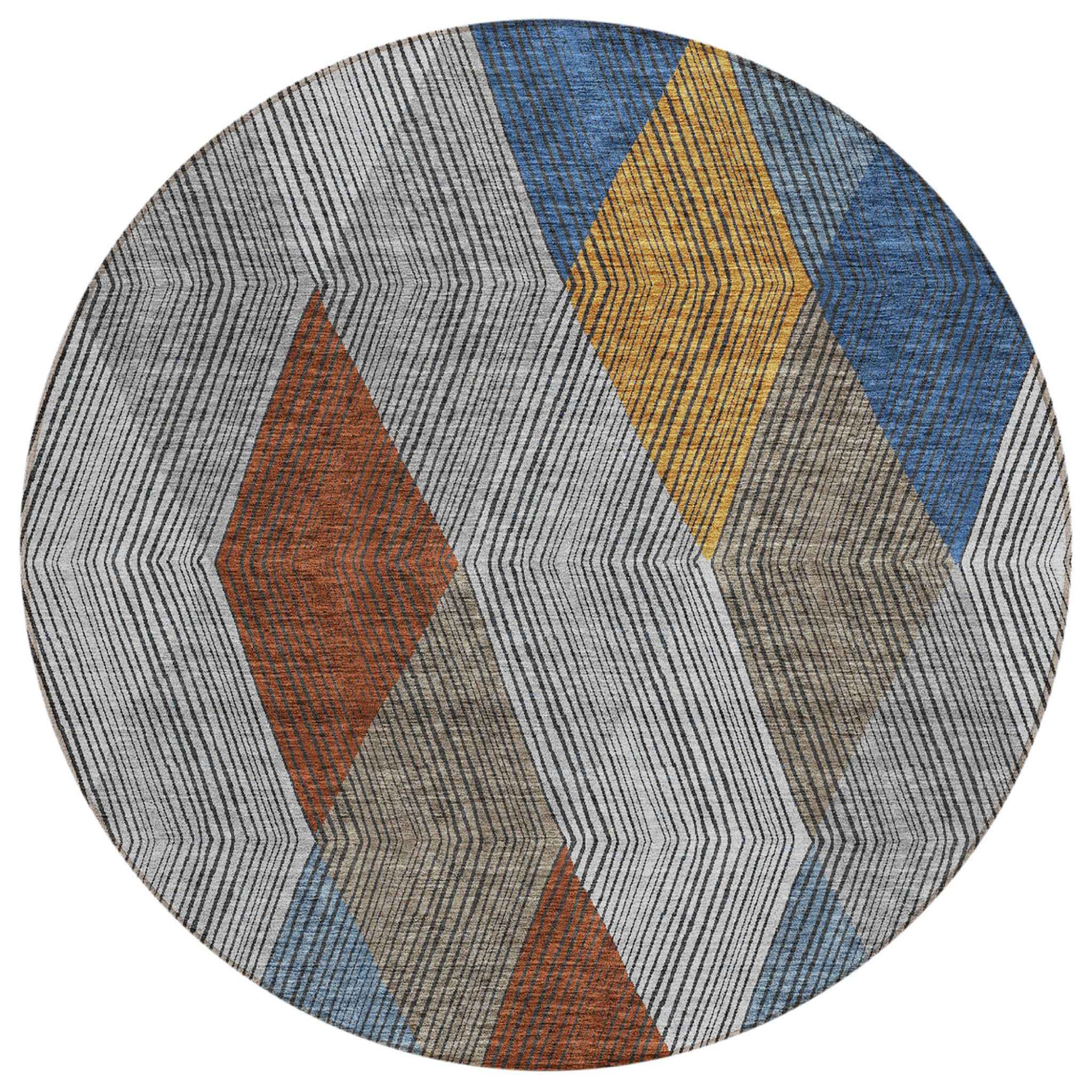 8' Gray Gold And Blue Round Argyle Washable Indoor Outdoor Area Rug